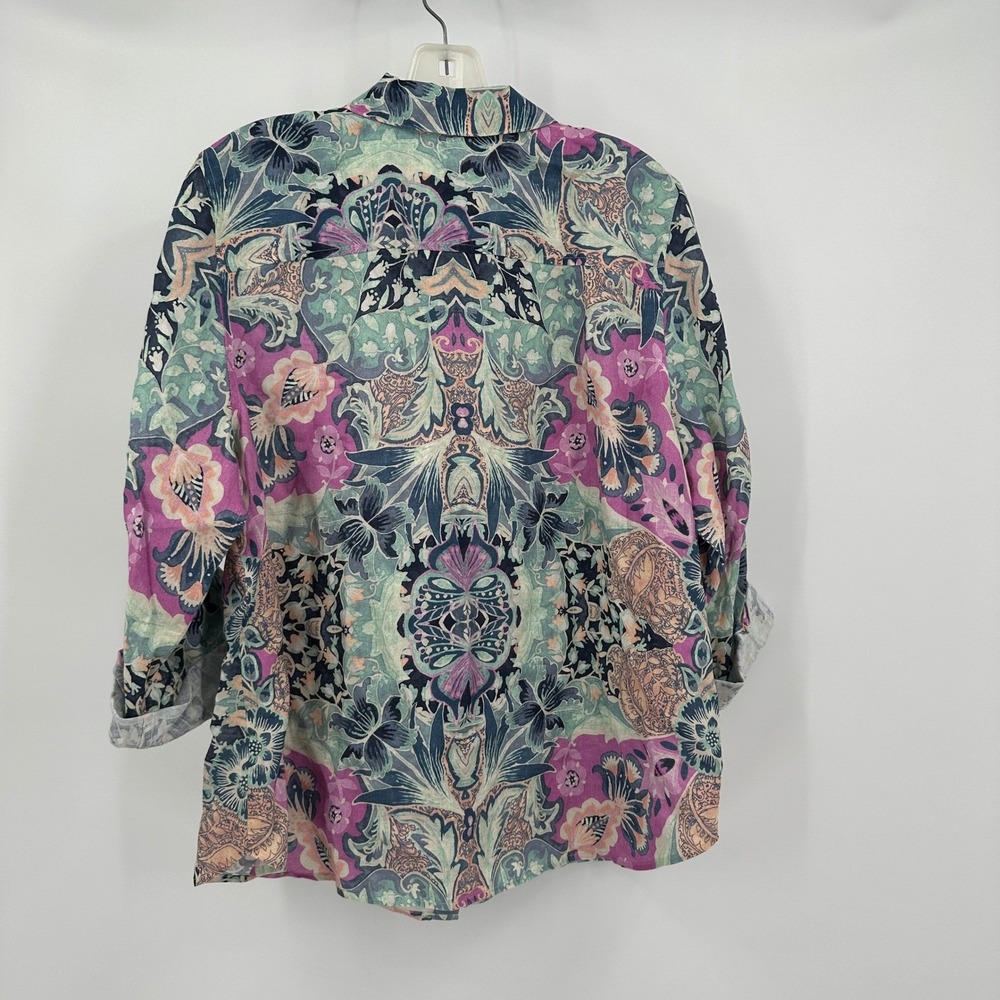 Chicos No Iron Womens Linen Paisley Top Size 2 US L Boho Resort Mediterranean - Picture 2 of 7